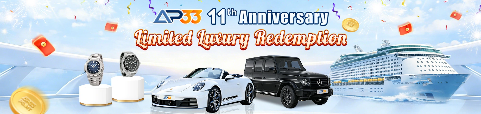 AP33 11th anniversary banner featuring luxury redemption rewards including watches, sports cars, SUV, and cruise ship with celebratory fireworks and coins.