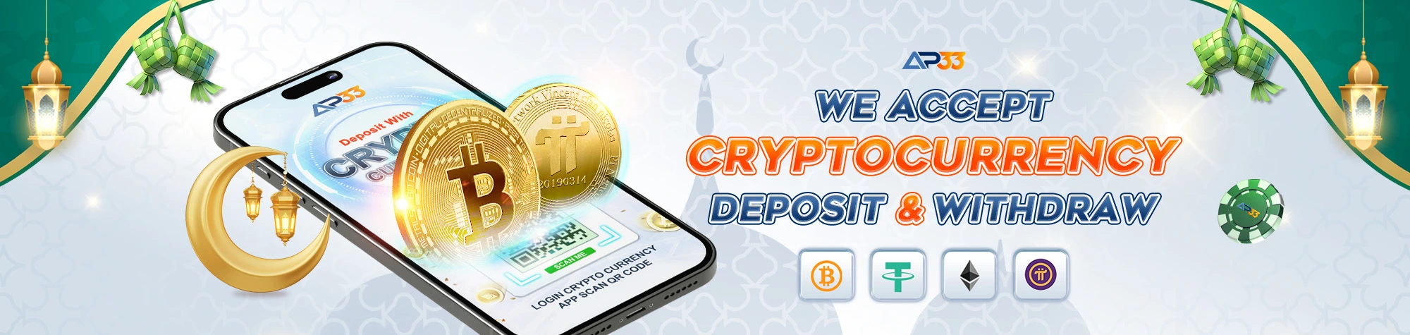 AP33 cryptocurrency banner showing mobile deposit with Bitcoin and other crypto coins, promoting crypto deposit and withdrawal options.