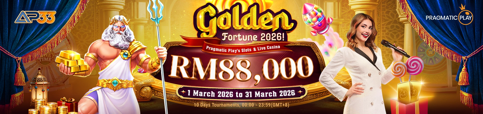 Golden Fortune 2026 casino promotion banner featuring RM88,000 prize, Zeus character, and host promoting Pragmatic Play slots and live casino.