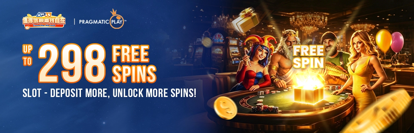 AP33 and Pragmatic Play promotional banner advertising up to 298 free spins, featuring popular slot-themed characters gathered around a glowing reward chest in a casino setting.