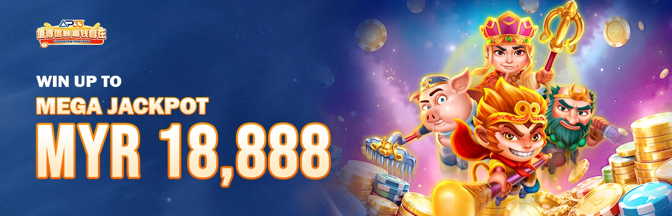 AP33 banner promoting a mega jackpot worth up to MYR18,888, featuring colourful fantasy characters surrounded by gold coins and casino chips.