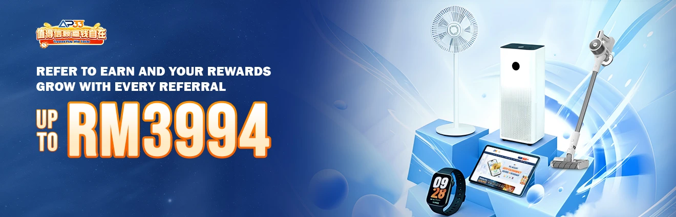 AP33 referral promotion offering rewards worth up to RM3,994, featuring a fan, air purifier, vacuum cleaner, tablet and smartwatch.