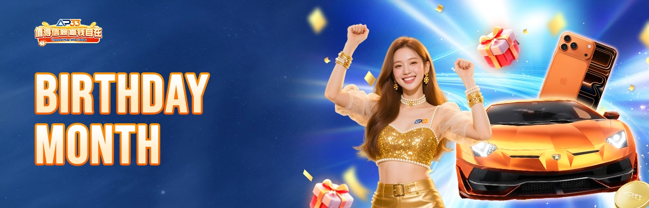 AP33 Birthday Month banner featuring a celebrating woman, an orange sports car, smartphones and gift boxes.
