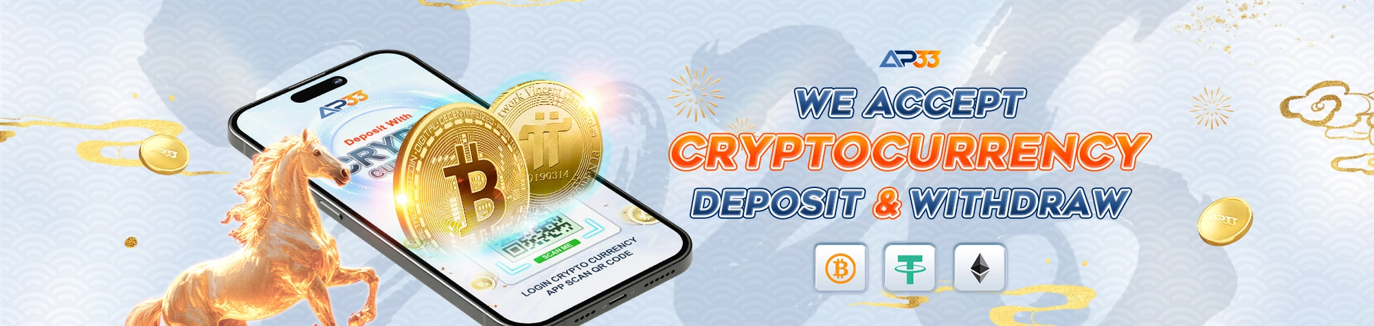 AP33 cryptocurrency payment banner featuring a smartphone, Bitcoin and Pi coins, and support for Bitcoin, USDT and Ethereum deposits and withdrawals.