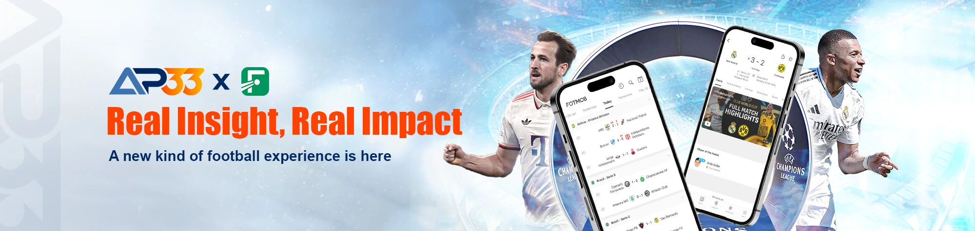 AP33 and FotMob collaboration banner featuring footballers Harry Kane and Kylian Mbappé beside smartphones displaying football scores and match insights.
