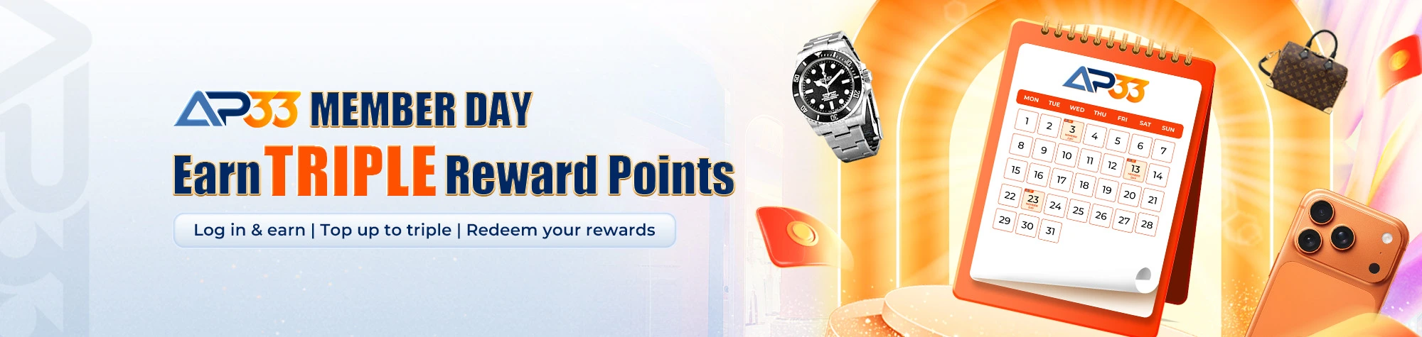 AP33 Member Day promotion offering triple reward points, featuring a calendar, luxury watch, smartphone, handbag and red packets.