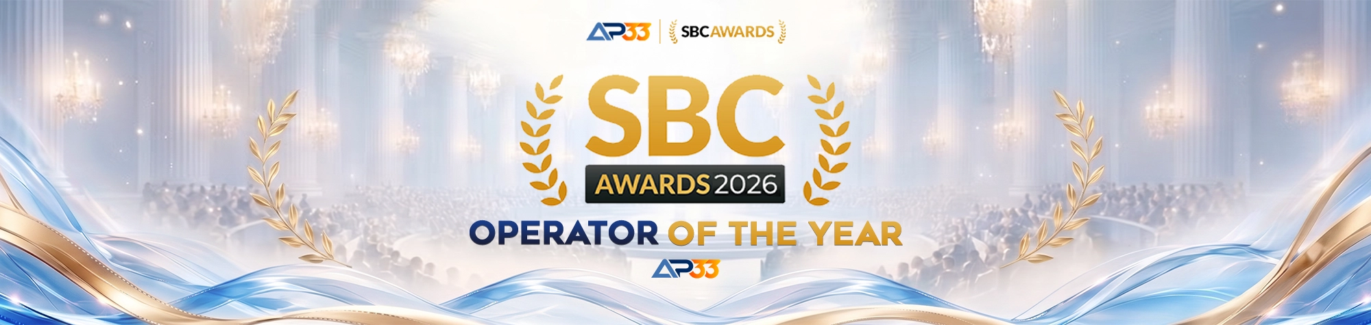AP33 featured as Operator of the Year at the SBC Awards 2026, displayed with gold laurels in an elegant awards venue.