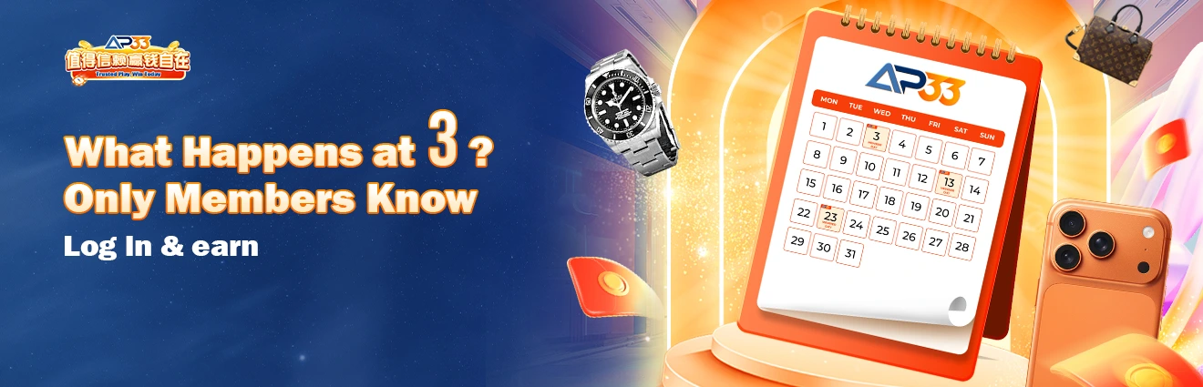 AP33 Member Day banner featuring a calendar highlighting dates ending in 3, alongside a luxury watch, smartphone, handbag and red packets.